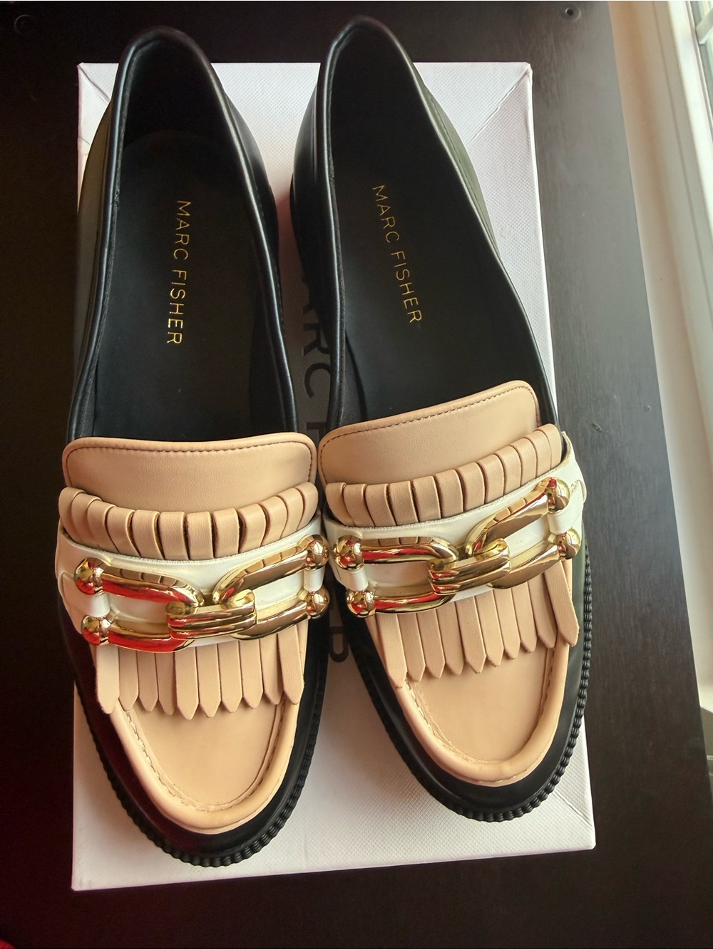 Marc Fisher Beige and Black Loafers with Gold Chain Accent